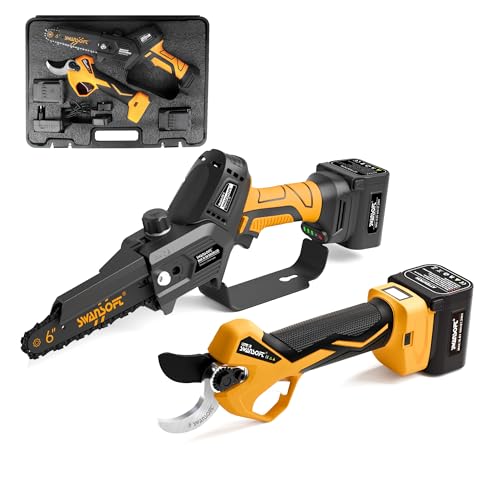 SWANSOFT PRU36 Elektrische Gartenschere und 6’ Akku-Kettensäge mit 2 x 4 Ah Akkus, 2-in-1-Set, professionelle Gartenscheren für Weinberge, Obstgärten von SWANSOFT