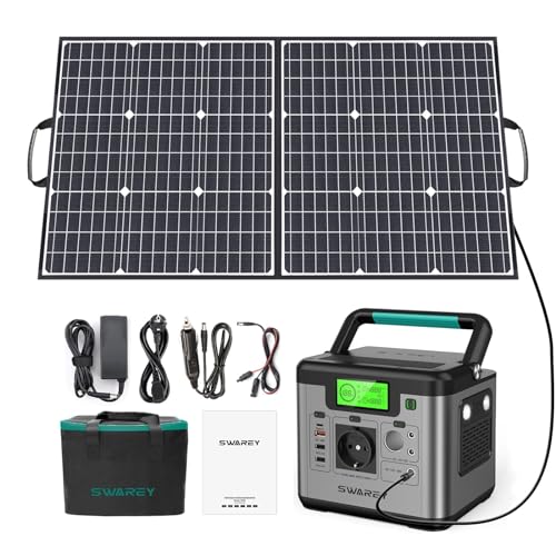 SWAREY Tragbare Powerstation S500 Pro, 518Wh Solargenerator mit 100W Solarpanel, 230V/500W (Spitze 1000W) Lithium Batterie Stromspeicher für Draußen Camping Reisen Angeln Wohnmobil von SWAREY