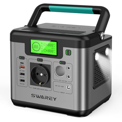 SWAREY Tragbare Powerstation 518Wh, Solargenerator mit 230V/500W(Spitze 1000W) AC Ausgang, 65W USB-C Anschluss Mobiler Stromspeicher für Camping Reise Wohnmobil Notfall von SWAREY