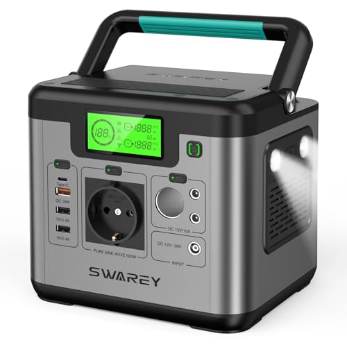 SWAREY Tragbare Powerstation, 518Wh Solargenerator, 500W(Spitze 1000W) AC Ausgang, 65W USB-C Anschluss, Stromgenerator Akku für Party Reise Camping Wohnmobil Notfall von SWAREY