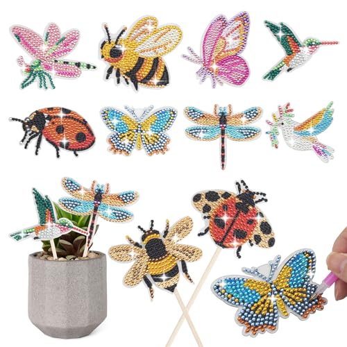 SWATOM 10-teiliges Diamant-Kunst-Set für Erwachsene als Gartendekoration mit Schmetterling, Kolibri, Marienkäfer, Biene, Libellenpfähle, Diamant-Malerei-Set für Innen- und Außenbereich, Hofdekoration, SWATOM 10-teiliges Diamant-Kunst-Set für Erwachsene als Gartendekoration mit Schmetterling, Kolibri, Marienkäfer, Biene, Libellenpfähle, Diamant-Malerei-Set für Innen- und Außenbereich, Hofdekoration, von SWATOM