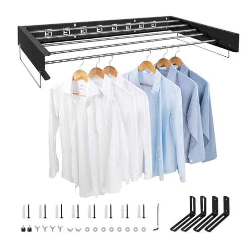 SWAWIS 100 * 50cm Wäscheständer Wandmontage, Wäschetrockner Einziehbar aus Edelstahl, Wand Wäscheständer Klappbar mit Griffen, 50kg Tragkraft, Geeignet für Innen Balkon, Platzsparend(Schwarz) von SWAWIS