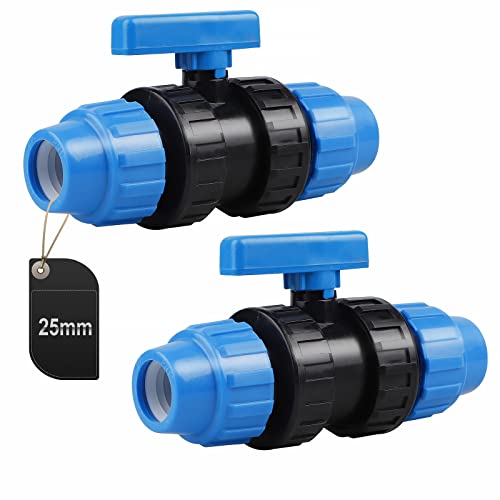 SWAWIS 2 Stück Kugelhahn für PE-Rohr Kunststoff Kugelhahn PP-Fitting Verschraubung für PE Rohr, 25mm (Blau) von SWAWIS
