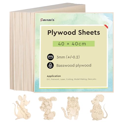 SWAWIS 25 Stück Sperrholzplatte 3mm, Sperrholz Lindenholz 400*400mm, Bastelholz-Platten, Quadratisch Holz Platten, Bastelholz, Perfektes Blatt für DIY Laubsäge Brandmalerei Laserschnitt Modellbau Deko von SWAWIS