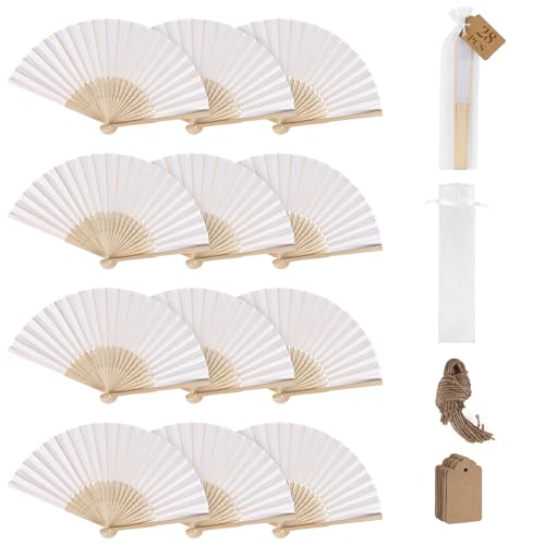 SWAWIS 28 Stück Stofffächer Weiß Handfächer Faltbar Fächer Hochzeit Deko Fecher mit Organzasäckchen und DIY Etiketten für Hochzeit Geburttag Party Taufe Gastgeschenk Tanz Aufführung von SWAWIS