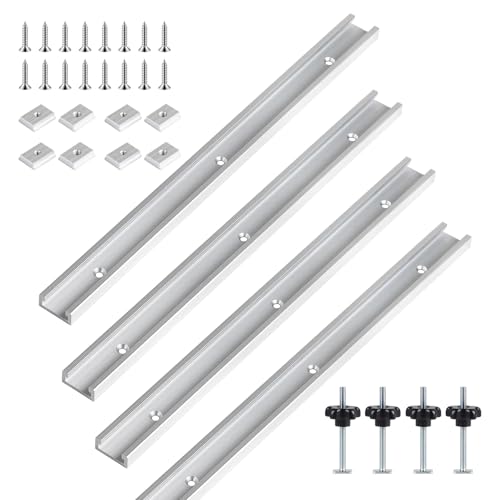 SWAWIS 4 Stück 400mm T nut Schiene, T-Track Gleitschiene mit Schrauben, Aluminiumlegierung Gehrungsschiene Set für Holzbearbeitung, Enthält 4 M8 Griff, 4 M6 und 4 M8 Gleitblock（Silber） von SWAWIS