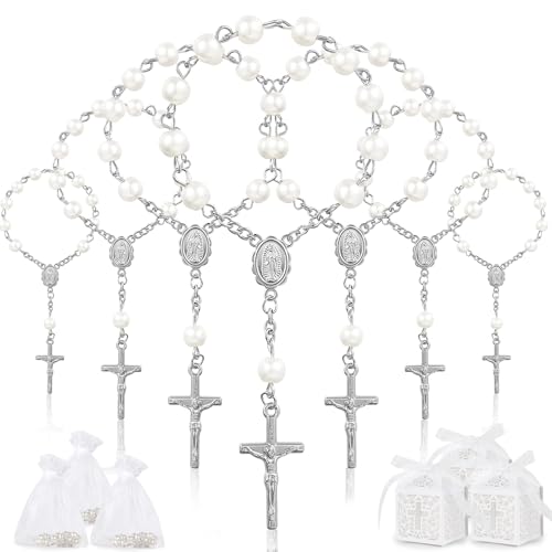 SWAWIS 50 Stück Taufrosenkranz Rosenkranz Gastgeschenk Taufe mit 50 Präsent Boxen 50 Garnsäcke Mini Rosenkränze Gastgeschenke Taufe Deko für Taufe Kommunion Hochzeit Party Gefälligkeiten, Silber von SWAWIS