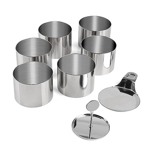 SWAWIS 6 Stück Dessertringe und Speiseringe Set, 7.5cm Kuchenringe mit Heber & Stampfer, Edelstahl Backring Tortenring Servierringe für Nachspeise, Mousse Torte, Reiskugel, Rund von SWAWIS