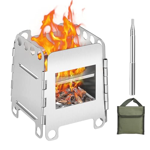 SWAWIS Campingkocher Holz Faltbar Tragbar, Hobo Kocher aus Edelstahl, Buschbox Mini mit Aufbewahrungstasche und Blasrohr, Klein Holzvergaser für Picknick BBQ Kochen Camping Outdoor(8.7x10.7x7.8cm) von SWAWIS