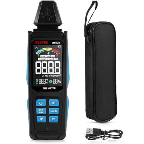 SWAWIS EMF Messgeräte 5-in-1 Strahlenmessgerät Wiederaufladbarer Digitaler Strahlungsmessgerät EMF Meter für EF/MF/RF, Hochfrequenzfeld Strahlung Messgerät, Erkennung von Temperatur und Feuchtigkeit von SWAWIS