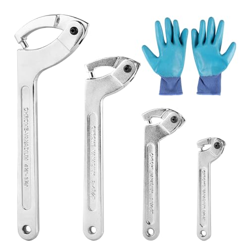 SWAWIS Ein 4er-Set Hakenschlüssel Verstellbar, C Schraubenschlüssel aus Chrome Vanadium, mit Handschuhe, für 19-170mm Nutmutternschlüssel für Stoßdämpfer Wasserzähler Mechanische Geräte(Runder Kopf) von SWAWIS