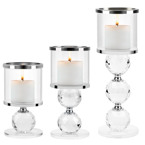 SWAWIS 3 Stücke Kristall Kerzenständer Set, Silber Kerzenständer aus Glas, Modern Kerzenhalter, Kerzenhalter Glas, Kerzenleuchter für Hochzeit Esstisch Badezimmer Tischdeko Geburtstag Party Deko von SWAWIS