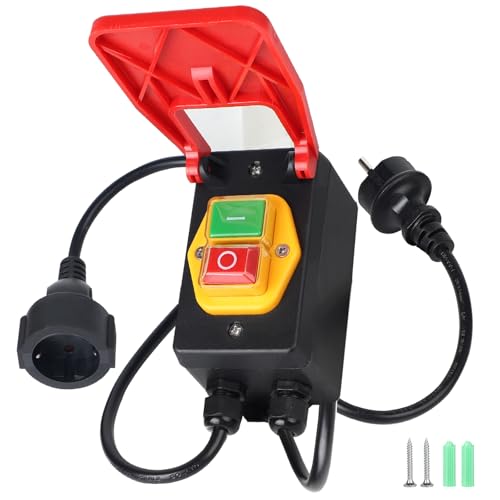 SWAWIS Notausschalter Maschinenschalter Sicherheitsschalter 230V 18A IP55 Notausschalter mit Steckdose Nullspannungsschalter Notaus Einphasige Not Aus Schalter für Frästisch und Anderen von SWAWIS