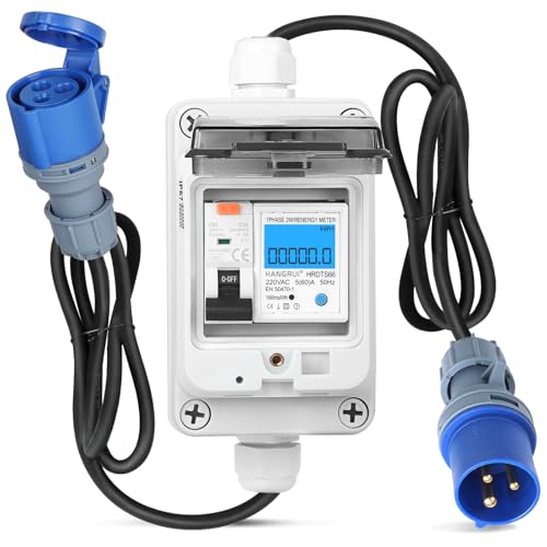 SWAWIS Stromverbrauchsmesser 230V 16A Mobiler Digitaler Stromzähler Strommessgerät Steckdose mit FI Schutzschalter Typ A, CEE-Stecker IP44, Stromzählergehäuse IP67, MID-Zertifizierung von SWAWIS