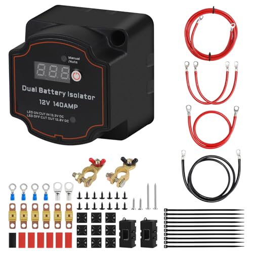 SWAWIS Trennrelais 12v 140A Zweitbatterie Kit, Manueller & Automatischer Modi Spannungsempfindliches Relais mit Bildschirmanzeige Dualer Batterietrenner mit 2m Kabel für KFZ Wohnmobilen LKW SUV RV ATV von SWAWIS