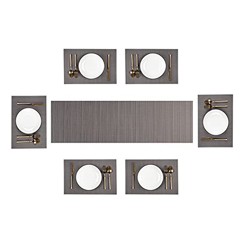 7er Set Tischset Abwaschbar Platzset, 6er Tischsets + 1 Tischläufer Rutschfest Abwischbar Hitzebeständig Waschbar Platzdeckchen Platzsets (Dunkelgrau) von SWECOMZE