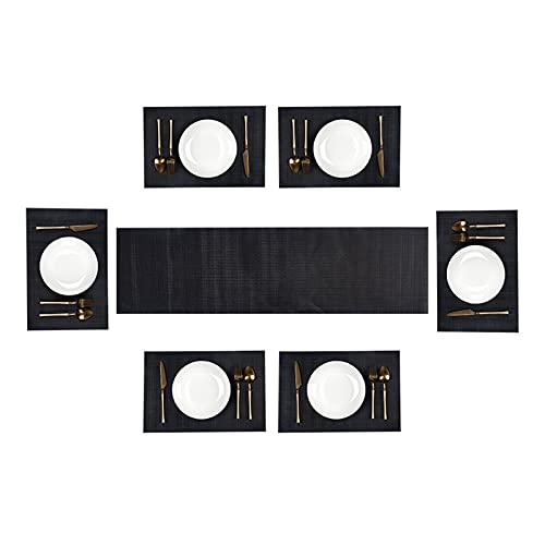 7er Set Tischset Abwaschbar Platzset, 6er Tischsets + 1 Tischläufer Rutschfest Abwischbar Hitzebeständig Waschbar Platzdeckchen Platzsets (Schwarz) von SWECOMZE