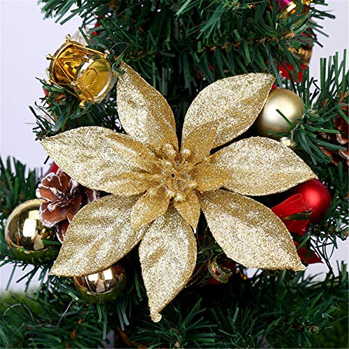 SWECOMZE 12 Stück Glitter Poinsettia Weihnachtsbaum Weihnachten Blumen Weihnachtsdeko Ornament Weihnachten Blumen Dekor Ornament Christbaum Deko (Golden,15cm) von SWECOMZE