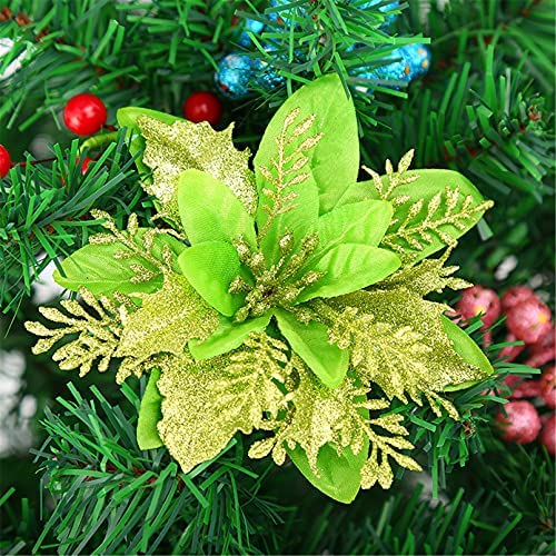 SWECOMZE 12 Stück Glitter Weihnachtsbaumschmuck Weihnachten Blumen Ornament Weihnachten Dekor, Christbaumanhänger 14cm (Grün) von SWECOMZE