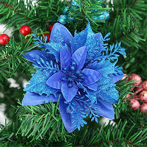 SWECOMZE 12 Stück Glitter Weihnachtsbaumschmuck Weihnachten Blumen Ornament Weihnachten Dekor, Christbaumanhänger 14cm (Königsblau) von SWECOMZE