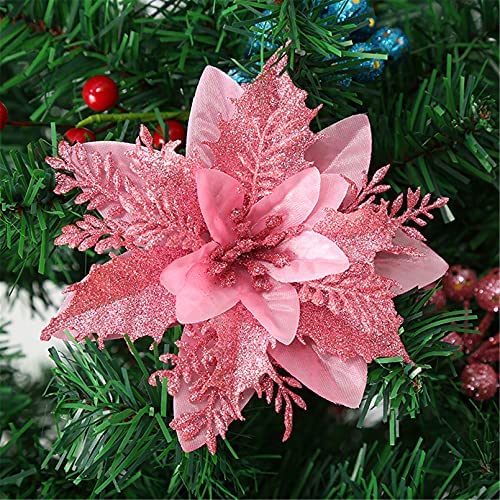 SWECOMZE 12 Stück Glitter Weihnachtsbaumschmuck Weihnachten Blumen Ornament Weihnachten Dekor, Christbaumanhänger 14cm (Pink) von SWECOMZE