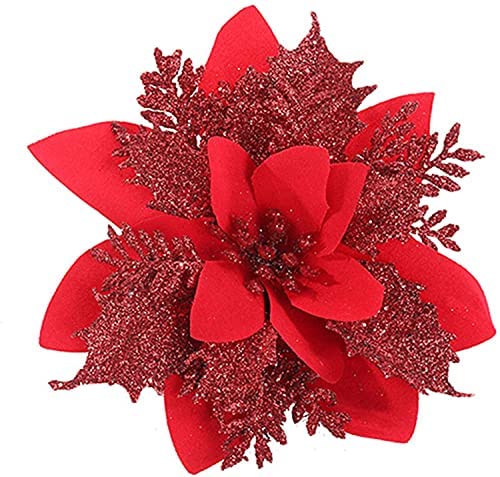 SWECOMZE 12 Stück Glitter Weihnachtsbaumschmuck Weihnachten Blumen Ornament Weihnachten Dekor, Christbaumanhänger 14cm (Rot) von SWECOMZE