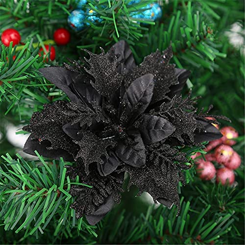 SWECOMZE 12 Stück Glitter Weihnachtsbaumschmuck Weihnachten Blumen Ornament Weihnachten Dekor, Christbaumanhänger 14cm (Schwarz) von SWECOMZE