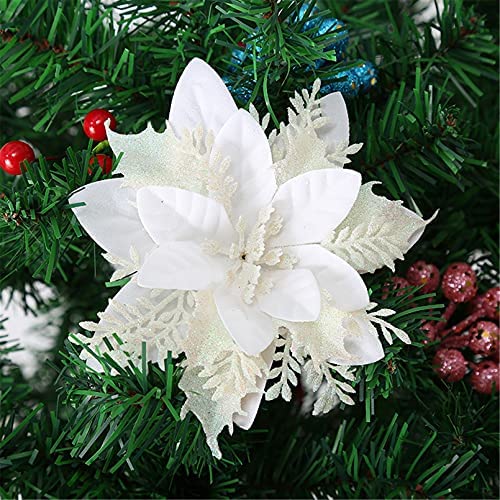 SWECOMZE 12 Stück Glitter Weihnachtsbaumschmuck Weihnachten Blumen Ornament Weihnachten Dekor, Christbaumanhänger 14cm (Weiß) von SWECOMZE