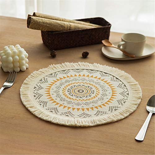 SWECOMZE 2er Set 33 cm Platzset Rund Baumwolle, Mandala Tischset mit Quaste, Hitzebeständig rutschfest Tischsets für Esstisch Baumwolle Geflochten Platzset Abwischbar (Mandala Gelb Schwarz) von SWECOMZE