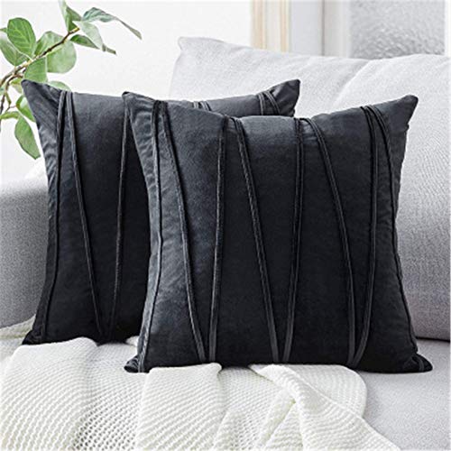 SWECOMZE 2er Set Samt Kissenbezug Dekorative Einfarbig Kissen Gestreiftes Kissenhülle Kissenbezüge Dekokissen Zierkissen Sofakissen für Sofa Schlafzimmer Wohnzimmer (Schwarz) von SWECOMZE