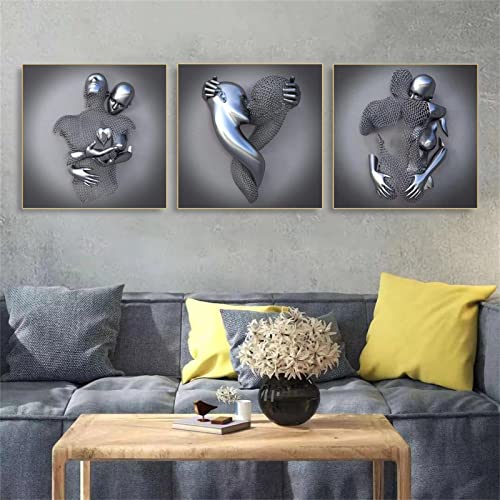 SWECOMZE 3D Wandkunst Hängende 3er Poster Set Metallfigur Statue Leinwand Malerei Wohnzimmer Wanddekoration - Ohne Rahmen (A,40x40cm) von SWECOMZE