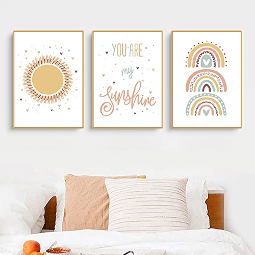 SWECOMZE 3er Kinder Poster Set - Sonne Regenbogen Wolken Wandeposter | Bilder für das Babyzimmer oder Kinderzimmer Deko Mädchen (B,21x30cm(A4)) von SWECOMZE