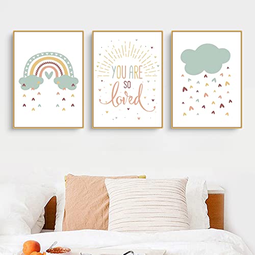 SWECOMZE 3er Kinder Poster Set - Sonne Regenbogen Wolken Wandeposter | Bilder für das Babyzimmer oder Kinderzimmer Deko Mädchen (C,21x30cm(A4)) von SWECOMZE