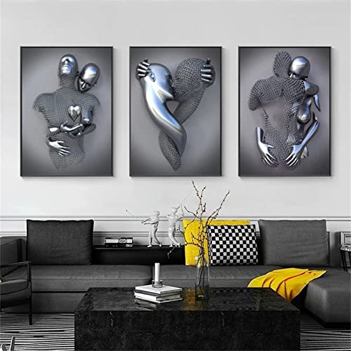 SWECOMZE 3er Kunst Modern Poster Set - 3D Metallfigur Statue Kunst Liebe Herz Kuss Bilder Wandkunst Deko - Ohne Rahmen - Wanddeko Wand Wohnzimmer Wanddekoration Deko (A,30X40cm) von SWECOMZE