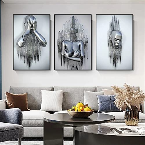 SWECOMZE 3er Kunst Modern Poster Set - 3D Metallfigur Statue Kunst Liebe Herz Kuss Bilder Wandkunst Deko - Ohne Rahmen - Wanddeko Wand Wohnzimmer Wanddekoration Deko (B,21X30cm) von SWECOMZE