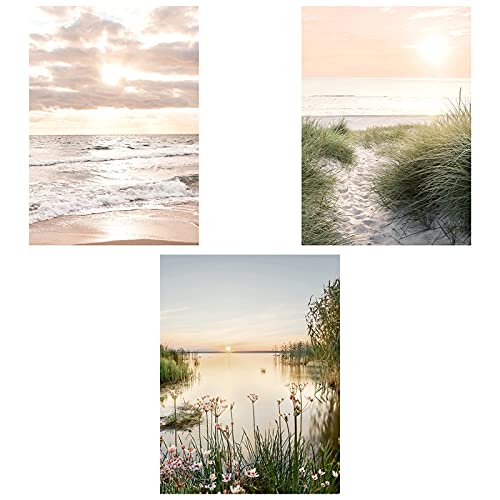 SWECOMZE 3er Poster Set, Natur- Bilder Set Wohnzimmer Deko Schlafzimmer - Wanddeko Ohne Bilderrahmen - Blumen, See,Sonnenuntergang (Stil B,30 x 40 cm) von SWECOMZE