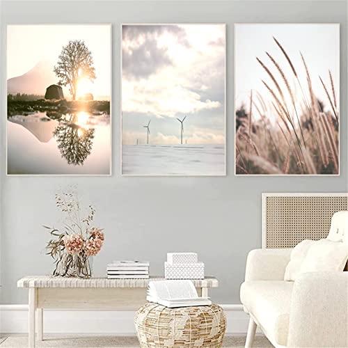 SWECOMZE 3er Poster Set Wohnzimmer, Moderne Bilder Deko Schlafzimmer, Beige Pampasgras Sonnenuntergang See Stilvolle Wandbilder - ohne Bilderrahmen (Style B,50 x 70 cm) von SWECOMZE