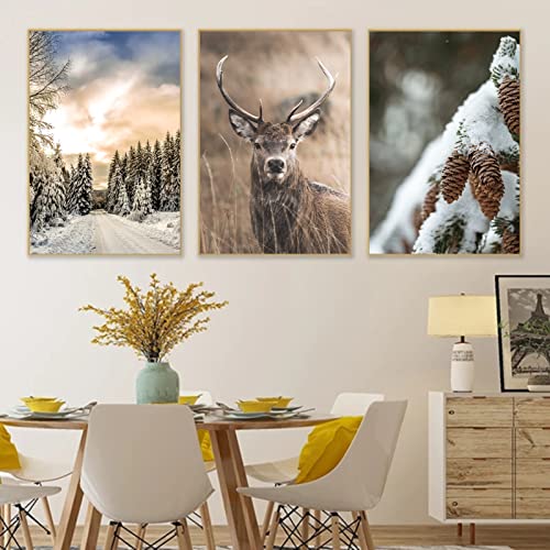 SWECOMZE 3er Premium Poster Set, Modern Winter-Schnee-Szene Bilder, Elch Wald Print Kunstposter, Wandbilder für Wohnzimmer Schlafzimmer, Ohne Rahmen (A,50x70cm) von SWECOMZE
