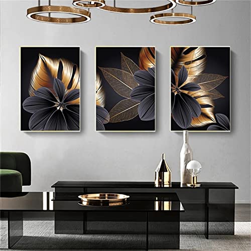 SWECOMZE 3er Set Design-Poster, Schwarzes Golden Blätter, Moderne Wandbilder, Ohne Rahmen, Wandbild Leinwand Bilder Kunstposter Deko für Wohnzimmer (40x50cm) von SWECOMZE