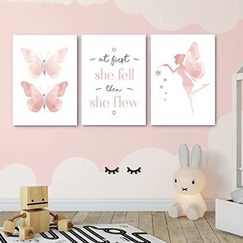 SWECOMZE 3er Set Poster Kinderzimmer, Rosa Schmetterling Bilder Ohne Rahmen, Kinderposter, Bilder Babyzimmer, Wandbilder Deko Für Mädchen (50 x 70cm) von SWECOMZE