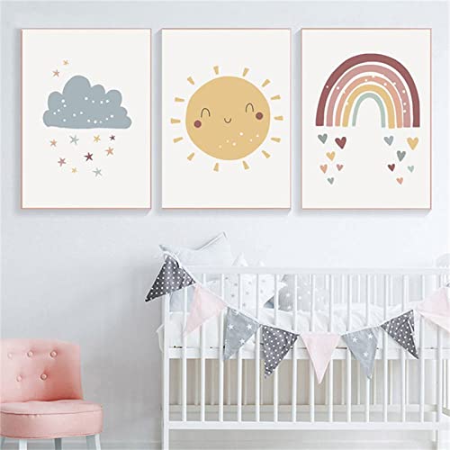 SWECOMZE 3er Set Poster Kinderzimmer A4 Sonne Regenbogen Wolken Bilder Deko Babyzimmer Mädchen Jungen Wandbilder Für Kinder, ohne Rahmen (30x40cm) von SWECOMZE