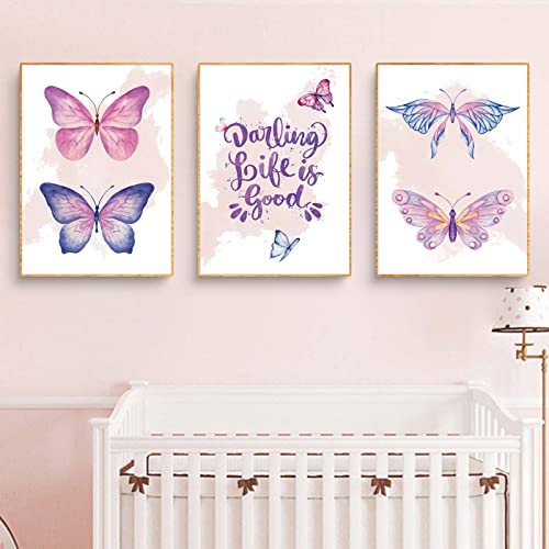 SWECOMZE 3er Set Poster Kinderzimmer Schmetterling Bilder Deko Babyzimmer Mädchen Wandbilder Kinderzimmer Deko Für Babyzimmer, ohne Rahmen (C,21x30cm(A4)) von SWECOMZE
