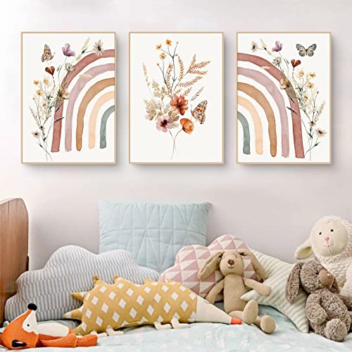 SWECOMZE 3er Set Wandbilder Kinderzimmer Babyzimmer Poster, Regenbogen Blumen und Schmetterling Bilder Kinderzimmer DIN A4 Mädchen Jungen Boho Deko Dekoration (A,30x40cm) von SWECOMZE