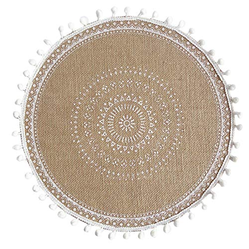 SWECOMZE 4er Set Rund 38cm gewebte Tischsets Waschbar,Boho Baumwolle Platzsets Untersetzer Abwaschbar Hitzebeständig und rutschfest,Ideal für Küche,Party,Hochzeit usw (Weiße Pom Pom Ball Quaste) von SWECOMZE