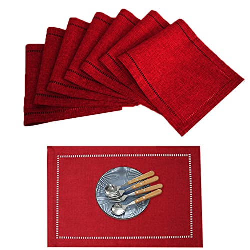 SWECOMZE 6 Stück Linen & Cotton Hochwertig Tischsets Platzsets - 100% Leinen Stoffservietten, 30 x 45cm Festlich Elegant Tisch Matten für Weihnachten Fest Restaurant Hotel Cafe (Rot) von SWECOMZE