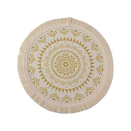 SWECOMZE Boho Platzdeckchen, rund, 33 cm, gewebte Baumwolle Platzsets Untersetzer, 2er-Set mit Quaste, Platzset für Esszimmer, Küche, Tischdekoration,Party,Hochzeit usw (Santorini Gold) von SWECOMZE