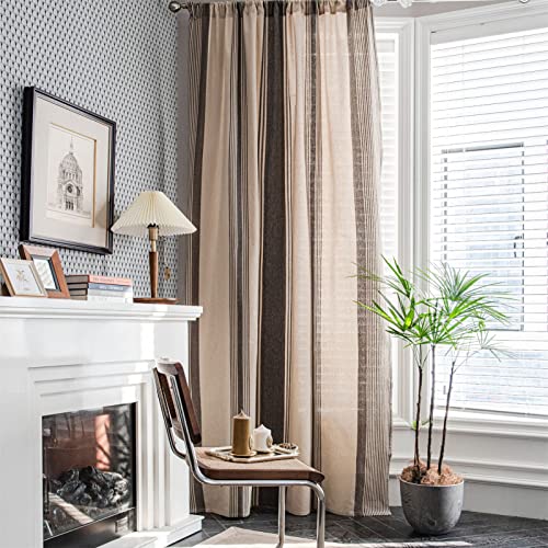 SWECOMZE Boho Vorhänge Landhausstil Baumwolle Leinen-Optik, Verdunkelungsgardine Durchscheinend Streifen Muster, Wohnzimmer Schlafzimmer Blackout Gardinen 1 Stück (Braun,B150xH240 cm) von SWECOMZE