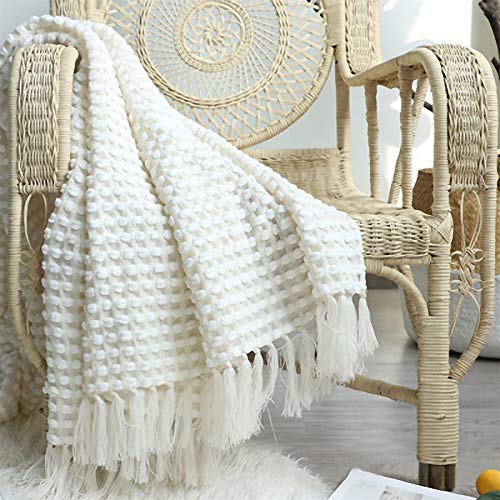 SWECOMZE Chenille Gestrickte Decke Grob Kuscheldecke Grobstrick Tagesdecke Wohndecke Wendedecke Sofadecke Couchdecke, Schlafdecke, Picknickdecke (Weiß,127 * 220) von SWECOMZE