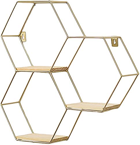 SWECOMZE Hexagon Wandregal aus Holz und Metall Hängeregal Schweberegal Badregal dekorative Regal für Büro Küchenregal, Badezimmer, Wanddekoration (Golden,3 Stück-2) von SWECOMZE