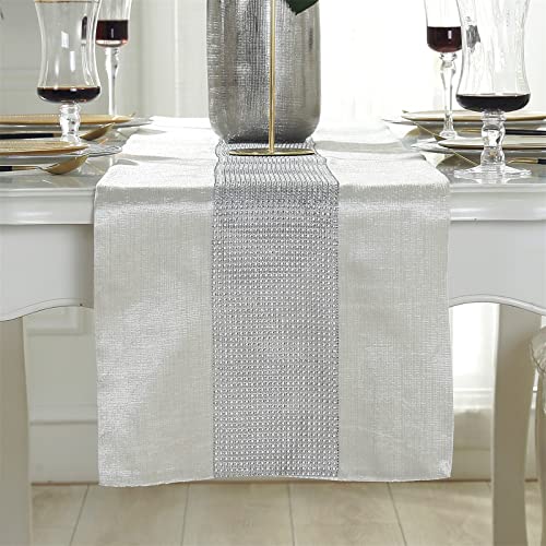 SWECOMZE Hochwertiger Tischläufer mit Diamant, Luxus Tischtuch Tischdecke für Partys, Abendessen, Feiertage, Küche, Thanksgiving, Weihnachten (Creme Farben,32 * 210CM) von SWECOMZE